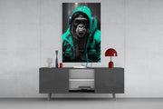 Gele Raincoat Headphone gorilla – Glasschilderij
