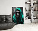 Gele Raincoat Headphone gorilla – Glasschilderij