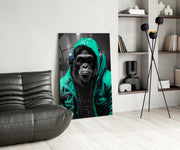 Gele Raincoat Headphone gorilla – Glasschilderij