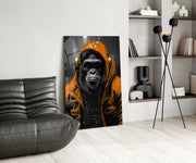 Gele Raincoat Headphone gorilla – Glasschilderij