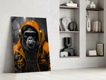 Gele Raincoat Headphone gorilla – Glasschilderij