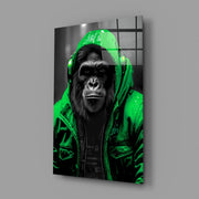 Gele Raincoat Headphone gorilla – Glasschilderij