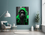 Gele Raincoat Headphone gorilla – Glasschilderij
