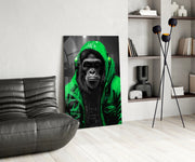 Gele Raincoat Headphone gorilla – Glasschilderij