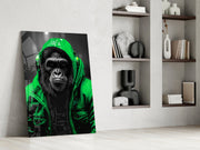 Gele Raincoat Headphone gorilla – Glasschilderij