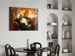 Baasje in smoking in een leren fauteuil – Glasschilderij