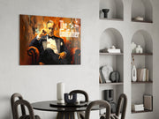 Baasje in smoking in een leren fauteuil – Glasschilderij