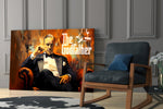 Baasje in smoking in een leren fauteuil – Glasschilderij