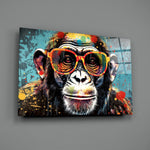 Turquoise verf druppel glimlachende Chimp – Glasschilderij