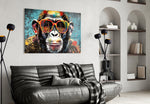 Turquoise verf druppel glimlachende Chimp – Glasschilderij