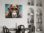 Turquoise verf druppel glimlachende Chimp – Glasschilderij