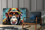 Turquoise verf druppel glimlachende Chimp – Glasschilderij
