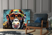 Turquoise verf druppel glimlachende Chimp – Glasschilderij