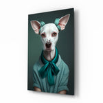 Witte hond met blauwgroene strik en krulspelden – Glasschilderij