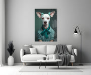 Witte hond met blauwgroene strik en krulspelden – Glasschilderij