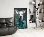 Witte hond met blauwgroene strik en krulspelden – Glasschilderij