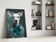 Witte hond met blauwgroene strik en krulspelden – Glasschilderij