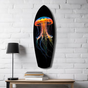 Glowing Orange Jellyfish Ocean Glass Wall Art.