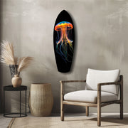 Glowing Orange Jellyfish Ocean Glass Wall Art.