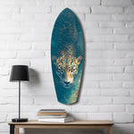 Leopard Stalking Turquoise Water Glass Wall Art.