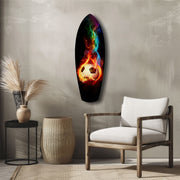 Flaming Soccer Ball Rainbow Smoke Glass Wall Art.