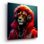 Vierkant Glasschilderij rood Fur Hood leeuw Headphones Glasschilderij