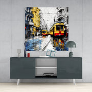 Twee Trams op Natte Rails – Vierkant Glasschilderij