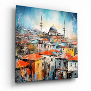 Vierkant Glasschilderij rood Rooftops Mosque Skyline Glasschilderij