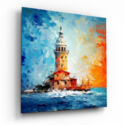 Vierkant Glasschilderij Palette Knife blauw en oranje Maidens Tower Glasschilderij