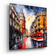 Vierkant Glasschilderij Rode tram Palette Knife straat Spanje Glasschilderij