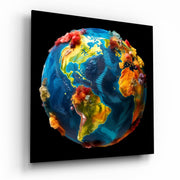 Vierkant Glasschilderij Painted Globe kleur Bursts on zwart Glasschilderij