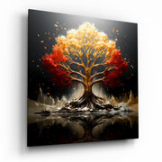 Vierkant Glasschilderij rood en geel Flame Canopy Levensboom Glasschilderij