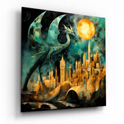 Vierkant Glasschilderij Teal Dragon Over Golden stad maan Glasschilderij